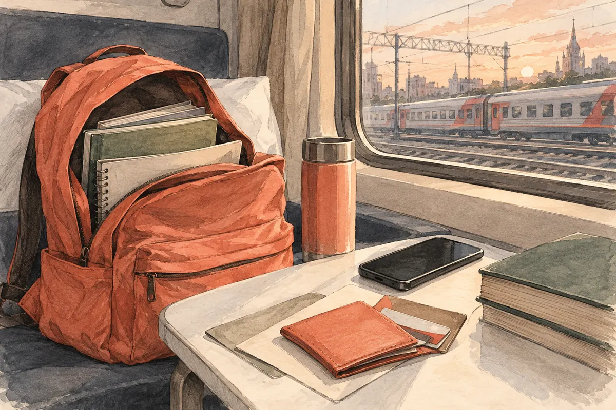 Студентка складывает книги в рюкзак за домашним столом.