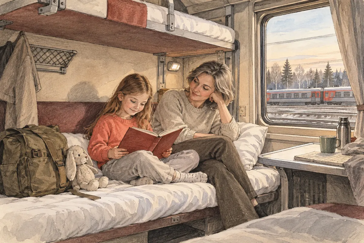 Ребёнок с книгой сидит рядом со взрослой на нижней полке вагона.