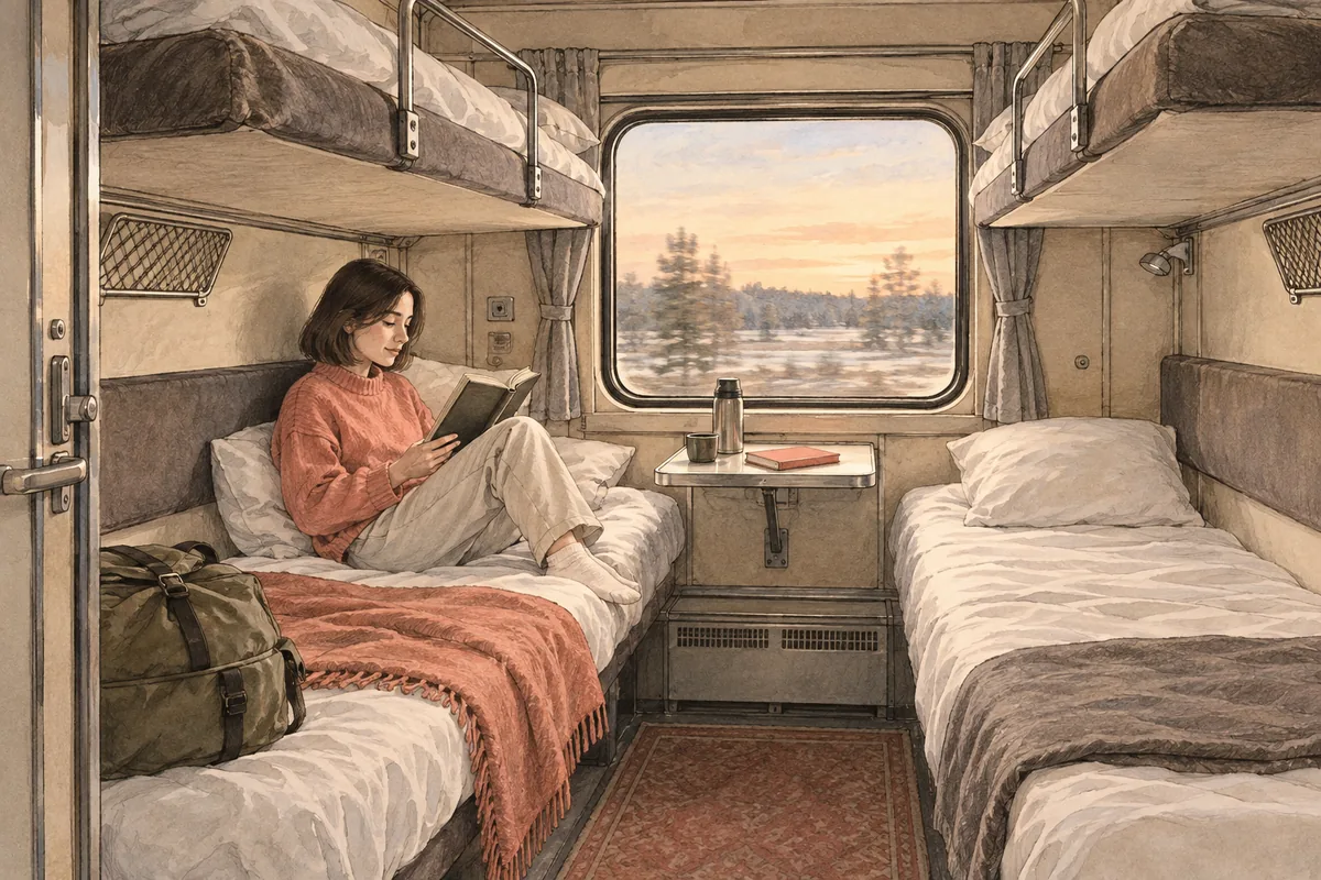 Пассажирка читает книгу в купе с тремя свободными полками.