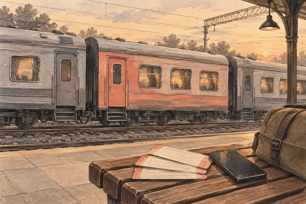 Три коротких вагона стоят на одном пути, у среднего коралловая дверь.